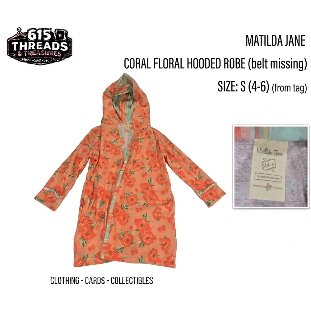 Matilda Jane Girls Coral Floral Hooded Robe Orange Pink Flower Size S 4-6
